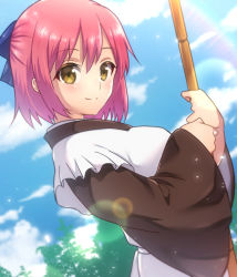 Rule 34 | 1girl, apron, bamboo broom, blue bow, blue sky, blush, bow, broom, brown eyes, brown kimono, closed mouth, cloud, commentary request, day, frilled apron, frills, hair between eyes, hair bow, half updo, highres, holding, holding broom, itsuka neru, japanese clothes, kimono, kohaku (tsukihime), looking at viewer, maid, maid apron, outdoors, red hair, short hair, sky, smile, solo, sunlight, tree, tsukihime, upper body, wa maid, white apron, wide sleeves