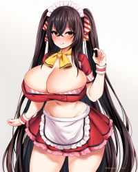 Rule 34 | 1girl, :q, apron, azur lane, black hair, blush, breasts, cleavage, commentary request, cowboy shot, crop top, crossed bangs, frilled apron, frilled skirt, frills, groin, hair between eyes, hair ribbon, hand up, huge breasts, long hair, looking at viewer, maid, maid apron, maid headdress, marota, midriff, navel, neckerchief, red eyes, red shirt, red skirt, ribbon, shirt, sidelocks, skirt, solo, standing, striped ribbon, taihou (azur lane), tongue, tongue out, twitter username, very long hair, waist apron, wristband, yellow neckerchief