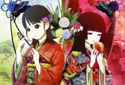 Rule 34 | 00s, 2girls, absurdres, animage, ball, bamboo, black hair, blue eyes, blunt bangs, bracelet, bug, butterfly, butterfly on hand, chrysanthemum, enma ai, floral print, flower, hair flower, hair ornament, highres, hime cut, holding, insect, japanese clothes, jewelry, jigoku shoujo, kimono, lips, long hair, long sleeves, mikage yuzuki, multiple girls, obi, official art, oka mariko, open mouth, parted lips, red eyes, sash, scan, temari ball, upper body, wide sleeves