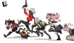 2boys 3girls anby_demara animal_ears bangboo_(zenless_zone_zero) billy_kid black_hair cat_ears cat_girl cat_tail copyright_logo crop_top dark_skin dual_wielding eous_(zenless_zone_zero) extra_tails full_body green_eyes gun handgun highres holding holding_gun holding_weapon mask midriff multiple_boys multiple_girls navel nekomiya_mana nicole_demara pink_hair revolver running tail tatsu_(hukkatsu) thighhighs weapon white_hair yellow_eyes zenless_zone_zero zettai_ryouiki