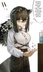 Rule 34 | !, !!, 1girl, absurdres, animal ears, arknights, black hair, black pants, breasts, collared shirt, commentary, cross tie, ear piercing, english commentary, english text, freckles, hand soap, highres, large breasts, long hair, looking at viewer, najashi, pants, piercing, ponytail, raccoon ears, raccoon girl, raccoon tail, robin (arknights), shirt, simple background, solo, tail, white background, white shirt, yellow eyes