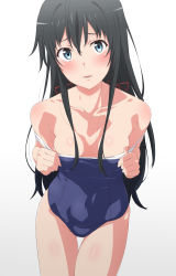 Rule 34 | 1girl, absurdres, black hair, blue eyes, blue one-piece swimsuit, breasts, clothes pull, collarbone, hair between eyes, hair ribbon, highres, long hair, looking at viewer, medium breasts, one-piece swimsuit, one-piece swimsuit pull, red ribbon, ribbon, school swimsuit, shou937, sidelocks, simple background, solo, swimsuit, white background, yahari ore no seishun lovecome wa machigatteiru., yukinoshita yukino