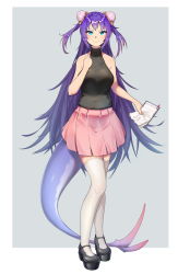 Rule 34 | 1girl, absurdres, bare shoulders, black shirt, blue eyes, blue hair, blush, breasts, commentary request, copyright request, double bun, hair bun, highres, holding, large breasts, long hair, long tail, looking at viewer, monster girl, paper, pink skirt, pleated skirt, renroujiang, shirt, skirt, smile, solo, tail, thighhighs, white thighhighs