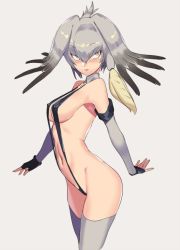 Rule 34 | 1girl, bikini, black gloves, black hair, blush, breasts, closed mouth, covered erect nipples, fingerless gloves, from side, gloves, grey hair, head wings, kemono friends, looking at viewer, medium breasts, medium hair, protected link, shoebill (kemono friends), sideboob, simple background, solo, string bikini, swimsuit, thighhighs, ukimukai, wings, yellow eyes