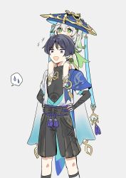 Rule 34 | 1boy, 1girl, amase 0519, arm armor, bangs, bare shoulders, belt, black belt, black bow, black hair, black shirt, black shorts, blue gemstone, blue headwear, blue vest, blunt ends, blush, boots, bow, cape, commentary request, covered mouth, cross-shaped pupils, detached sleeves, dress, gem, genshin impact, gold, green cape, green eyes, green hair, grey background, grey dress, grey footwear, grey hair, grey socks, grey vest, hair between eyes, hands on another&#039;s head, hands on hips, hands up, hat, highres, jewelry, jingasa, leaf, long hair, looking to the side, mandarin collar, multicolored hair, nahida (genshin impact), necklace, no headwear, official alternate costume, open clothes, open mouth, open vest, pointy ears, pom pom (clothes), ponytail, purple belt, purple eyes, scaramouche (genshin impact), shirt, short sleeves, shorts, side ponytail, simple background, sitting, sitting on person, smile, socks, speech bubble, standing, symbol-shaped pupils, two-tone hair, two-tone vest, vest, vision (genshin impact), wanderer (genshin impact), water drop, white socks