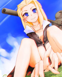 Rule 34 | 1girl, black hoodie, blonde hair, blue eyes, clara (girls und panzer), closed mouth, commentary, contrail, dutch angle, foreshortening, girls und panzer, grass, highres, hood, hood down, hoodie, is-2, long hair, looking at viewer, military, military vehicle, minorihoujouakino, motor vehicle, open clothes, open hoodie, short sleeves, sitting, smile, solo, tank