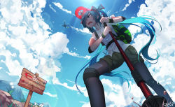 Rule 34 | 1girl, aqua eyes, aqua hair, backpack, bag, black pantyhose, bottle, cane, cloud, day, drone, electric fan, flower, from below, grass, hat, hatsune miku, hiking pole, light rays, long hair, mountain, open mouth, pantyhose, pantyhose under shorts, perspective, qys3, ribbon, see-through, shorts, signpost, sky, solo, standing, sunbeam, sunflower, sunlight, sweat, tired, twintails, very long hair, vocaloid, water bottle, wet