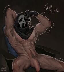 Rule 34 | 1boy, abs, arm behind back, armpit hair, armpits, arms up, artist logo, black gloves, camera, chair, colored skin, cowboy shot, dark background, english text, ghostface, gloves, highres, holding, holding camera, male focus, mask, mask on head, nanadagger, nipples, nude, office chair, pectorals, penis, pubic hair, scream (movie), simple background, sitting, solo, swivel chair, thighs, toned, toned male, veins, veiny penis, water, white skin