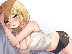 Rule 34 | 1girl, absurdres, black shorts, blonde hair, blue eyes, blush, breasts, camisole, casual, dolphin shorts, gear hair ornament, groin, hair ornament, hands up, highres, hololive, hololive english, large breasts, looking at viewer, lying, navel, on side, open mouth, short hair, shorts, smile, solo, virtual youtuber, watson amelia, white background, white camisole, ziro (zirorong)