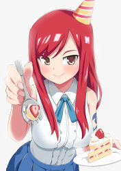 Rule 34 | &gt;:&lt;, 1girl, :&lt;, arm tattoo, blue ribbon, blue skirt, blush, breasts, brown eyes, cake, cake slice, closed mouth, collared shirt, duplicate, erza scarlet, fairy tail, fingernails, food, fruit, hat, holding, large breasts, leaning forward, long hair, neck ribbon, party hat, pleated skirt, red hair, revision, ribbon, rogeris, shirt, skirt, sleeveless, sleeveless shirt, smile, solo, spork, strawberry, swept bangs, tattoo, v-shaped eyebrows, white background, white shirt, wing collar