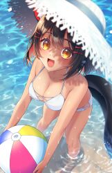 Rule 34 | 1girl, :d, absurdres, animal ears, ball, bare arms, bare legs, bare shoulders, barefoot, beachball, bikini, black hair, blush, breasts, brown eyes, cat ears, cat girl, cat tail, cleavage, collarbone, commentary request, day, hair between eyes, hair ornament, hairclip, hat, highres, holding, holding ball, indie virtual youtuber, looking at viewer, medium breasts, multicolored hair, open mouth, outdoors, red hair, sakura chiyo (konachi000), sakuraba chiyo, smile, solo, standing, straw hat, swimsuit, tail, two-tone hair, virtual youtuber, wading, water, white bikini, white hat