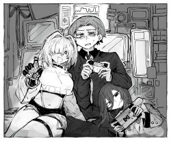 Rule 34 | 1boy, 2girls, :d, absurdres, ahoge, bare shoulders, breasts, choker, closed mouth, clothing cutout, collared shirt, controller, crop top, cropped sweater, elegg (nikke), exia (nikke), exposed pocket, game controller, gloves, goddess of victory: nikke, greyscale, hair between eyes, hair intakes, hair over eyes, handheld game console, highres, holding, holding controller, holding game controller, jacket, large breasts, long bangs, long hair, long sleeves, loose necktie, monochrome, multiple girls, navel, necktie, off-shoulder shirt, off shoulder, open mouth, sakeno rarukan, shirt, short hair, shorts, shoulder cutout, sidelocks, sitting, smile, suspender shorts, suspenders, sweat, thigh strap