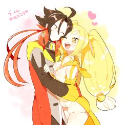 Rule 34 | 1boy, 1girl, ;d, aegislash, ahoge, alternate color, azumarill, bare shoulders, black hair, blonde hair, blush, breasts, cape, cleavage, cowboy shot, creatures (company), detached sleeves, eye contact, game freak, gen 2 pokemon, gen 6 pokemon, gloves, hair between eyes, heart, hetero, hug, long hair, long sleeves, looking at another, low-tied long hair, medium breasts, nintendo, one eye closed, open mouth, personification, pokemon, red cape, red gloves, red ribbon, ribbon, shiny pokemon, simple background, smile, spiked hair, standing, twintails, white gloves, yellow eyes, yuzu ichika