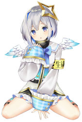 Rule 34 | 1girl, amane kanata, angel wings, armband, bare legs, between legs, black dress, blue bow, blue hair, blue ribbon, blush, bob cut, bow, colored inner hair, commentary, dress, frilled dress, frills, fuji noyume, full body, grey jacket, hair between eyes, halo, hand between legs, highres, hololive, jacket, looking at viewer, multicolored hair, neck ribbon, open mouth, purple eyes, ribbon, sailor collar, short dress, short hair, silver hair, simple background, single hair intake, sitting, solo, spread legs, star halo, streaked hair, thighs, turtleneck, turtleneck dress, two-tone hair, virtual youtuber, wariza, white background, wide sleeves, wings