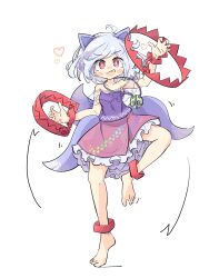 Rule 34 | 1girl, animal ears, ankle cuffs, commentary, dog ears, dog girl, dog tail, fang, bear trap, frilled skirt, frills, grey hair, highres, looking at viewer, mitsugashira enoko, multiple tails, off-shoulder shirt, off shoulder, open mouth, pink skirt, primsla, purple shirt, rainbow print, red eyes, shirt, short hair, simple background, skirt, solo, tail, touhou, unfinished dream of all living ghost, white background