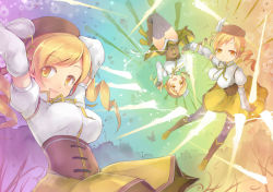 Rule 34 | 10s, beret, blonde hair, clone, drill hair, fred04142, hat, magical girl, mahou shoujo madoka magica, mahou shoujo madoka magica (anime), multiple girls, multiple persona, skirt, thighhighs, tomoe mami, twin drills, twintails, yellow eyes