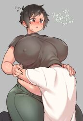 Rule 34 | 1boy, 1girl, 2023, agawa ryou, between breasts, black hair, black shirt, blush, breasts, brown eyes, character request, covered erect nipples, face between breasts, green pants, head between breasts, hug, huge breasts, looking at another, pants, plump, shared clothes, shirt, short hair, short sleeves, thick thighs, thighs, under shirt, white shirt, wide hips
