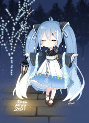 Rule 34 | 1girl, bare tree, black kimono, blue hair, blue skirt, brown footwear, chibi, christmas lights, closed eyes, closed mouth, commentary, full body, hair between eyes, hair ornament, hatsune miku, holding, japanese clothes, kimono, lantern, long hair, long sleeves, outstretched arms, pleated skirt, shoes, signature, skirt, smile, solo, standing, tree, tsukiringo, twintails, very long hair, vocaloid, wide sleeves, yuki miku, yuki miku (2021) (applicant)