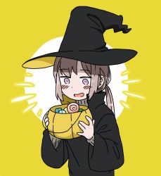 Rule 34 | 1girl, anyan (jooho), candy, commentary, english commentary, food, girls&#039; frontline, grey hair, halloween, halloween bucket, halloween costume, happy, hat, lollipop, m200 (girls&#039; frontline), ponytail, purple eyes, robe, solo, witch, witch hat
