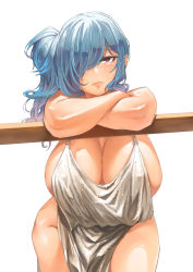 Rule 34 | 1girl, :|, absurdres, azur lane, backless dress, backless outfit, bare shoulders, blue hair, blush, breasts, cleavage, closed mouth, crossed arms, dress, evening gown, grey dress, hair between eyes, hair over one eye, halter dress, halterneck, highres, huge breasts, large breasts, leaning forward, looking at viewer, pink eyes, pink lips, plunging neckline, revealing clothes, side ponytail, sidelocks, silver dress, st. louis (azur lane), st. louis (luxurious wheels) (azur lane), standing, thighs, zuoteng lucha