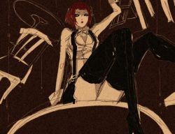 Rule 34 | 1girl, boots, breasts, brown eyes, chair, galerians, red hair, rita (galerians), sitting, skirt, solo, table