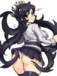 Rule 34 | 1girl, ass, assisted exposure, black hair, blush, clothes lift, cowboy shot, filia (skullgirls), from behind, highres, long hair, looking back, maniacpaint, panties, pleated skirt, red eyes, samson (skullgirls), school uniform, skirt, skirt lift, skullgirls, sweatdrop, thighhighs, underwear