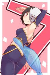 Rule 34 | 1girl, arm warmers, ass, bare shoulders, black hair, breasts, butt crack, cougar (cougar1404), from behind, hair over one eye, looking at viewer, majin shoujo, multicolored hair, pants, red eyes, shiny clothes, shiny skin, short hair, sideboob, silver hair, smile, solo, zizou olympia