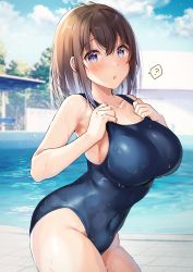 Rule 34 | 1girl, ?, arched back, bare arms, black one-piece swimsuit, breasts, brown hair, collarbone, commentary request, covered navel, day, duplicate, fence, hair between eyes, highres, large breasts, looking at viewer, medium hair, one-piece swimsuit, open mouth, original, outdoors, pixel-perfect duplicate, pool, poolside, purple eyes, school swimsuit, shiro kuma shake, sideboob, solo, spoken question mark, standing, swimsuit, tree, wet
