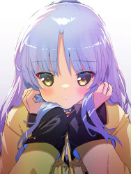 Rule 34 | 1girl, akayama yukihe, angel beats!, blush, closed mouth, commentary, expressionless, eyelashes, eyes visible through hair, hair between eyes, hair spread out, hands on own cheeks, hands on own face, highres, jacket, long hair, long sleeves, looking at viewer, parted bangs, ribbon, school uniform, simple background, solo, straight-on, straight hair, tenshi (angel beats!), upper body, very long hair, white background, white hair, yellow eyes, yellow jacket, yellow ribbon