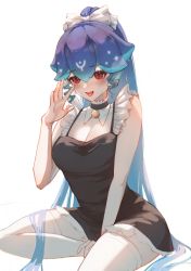 Rule 34 | 1girl, a dan, bao (vtuber), black dress, blue hair, blush, bow, breasts, chinese commentary, dress, hair bow, highres, indie virtual youtuber, long hair, medium breasts, mixed-language commentary, open hand, open mouth, ponytail, red eyes, sitting, smile, solo, thighhighs, virtual youtuber, white background, white bow, white thighhighs