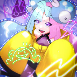 Rule 34 | 1girl, :d, bellibolt, blurry, breasts, character hair ornament, commentary request, creatures (company), game freak, green hair, hair ornament, hands up, happy, highres, iono (pokemon), jacket, multicolored hair, nintendo, notice lines, open mouth, pantyhose, pink hair, pokemon, pokemon sv, purple eyes, shirt, sleeveless, sleeveless shirt, sleeves past fingers, sleeves past wrists, small breasts, smile, solo, teeth, tongue, two-tone hair, uka (ameshita11), upper teeth only, yellow jacket