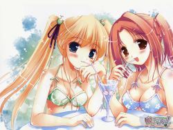 Rule 34 | 00s, 2girls, :3, bikini, blonde hair, blue eyes, blush, bow, breasts, brown eyes, brown hair, cleavage, drinking, drinking straw, hair ribbon, happiness!, heart, medium breasts, multiple girls, open mouth, red hair, ribbon, sitting, smile, swimsuit, twintails, wallpaper