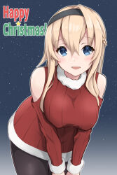 Rule 34 | 1girl, bare shoulders, black hairband, black pantyhose, blonde hair, blue eyes, braid, breasts, christmas, clothing cutout, hair between eyes, hairband, half up braid, highres, kantai collection, kodama (mmt uf), large breasts, leaning forward, long hair, long sleeves, looking at viewer, pantyhose, red sweater, shoulder cutout, sidelocks, simple background, solo, sweater, warspite (kancolle)
