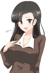 Rule 34 | 1girl, absurdres, aikir (jml5160), asymmetrical bangs, black hair, breasts, brown eyes, brown jacket, chi-hatan military uniform, cleavage, commentary, girls und panzer, hand on own chest, highres, jacket, long hair, long sleeves, looking at viewer, medium breasts, military, military uniform, nishi kinuyo, one-hour drawing challenge, open mouth, simple background, smile, solo, star (symbol), twitter username, uniform, upper body, white background