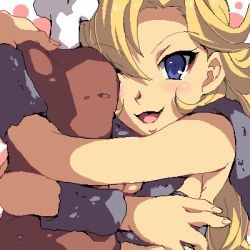 Rule 34 | 1990s (style), 1girl, armpits, ayla (chrono trigger), bandeau, blonde hair, blue eyes, blush, boned meat, breasts, chrono (series), chrono trigger, curly hair, enoo, food, fur trim, jaggy lines, long hair, lowres, meat, hugging object, oekaki, open mouth, retro artstyle, simple background, smile, solo, square enix, tsurime, white background, wrist cuffs
