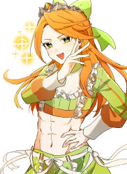 Rule 34 | 1girl, abs, bow, etie (fire emblem), fire emblem, fire emblem engage, green bow, green eyes, highres, midriff, navel, nintendo, open mouth, orange hair, parted bangs, rororotsu, solo, swept bangs, tiara