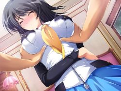 Rule 34 | black hair, blush, grabbing another&#039;s breast, breasts, detached sleeves, closed eyes, grabbing, large breasts, mizunezumi, neck, otome renshin prister, skirt, zipper