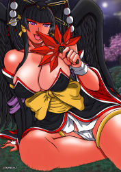 Rule 34 | 1girl, :p, areola slip, bad id, bad pixiv id, black hair, breasts, cleavage, covered erect nipples, dead or alive, dead or alive 5, detached sleeves, eyeliner, fundoshi, hair ornament, hair stick, hand fan, hat, highres, japanese clothes, large breasts, makeup, mole, naughty face, nyotengu, papepox2, purple eyes, sash, sitting, solo, tan, tanline, tengu, textless version, tokin hat, tongue, tongue out, yokozuwari