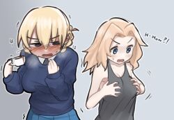 Rule 34 | 2girls, absurdres, armpits, black necktie, blue eyes, blue skirt, blue sweater, blush, braid, breasts, cleavage, commentary, cowboy shot, cup, darjeeling (girls und panzer), english commentary, english text, french braid, girls und panzer, grabbing own breast, grey background, grey tank top, hair between eyes, hair intakes, highres, hunched over, kay (girls und panzer), large breasts, long hair, m1saki 1, multiple girls, necktie, school uniform, shirt, skirt, st. gloriana&#039;s school uniform, sweat, sweater, tank top, teacup, white shirt