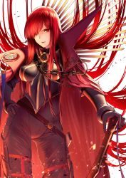 Rule 34 | 1girl, absurdres, belt, black bodysuit, bodysuit, breasts, cape, chain, family crest, fate/grand order, fate (series), hair over one eye, highres, huge filesize, itaco, koha-ace, large breasts, long hair, looking at viewer, oda nobunaga (fate), oda nobunaga (koha-ace), oda nobunaga (maou avenger) (fate), oda uri, open mouth, red cape, red eyes, red hair, smile, solo, thigh strap, thighs, very long hair, white background