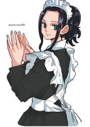 Rule 34 | 1girl, alternate costume, aosora2823, apron, black dress, black hair, blush, dress, enmaided, forehead, frilled apron, frills, highres, light smile, long nose, looking at viewer, looking to the side, maid, maid apron, maid headdress, nico robin, one piece, ponytail, sidelocks, simple background, solo, twitter username, upper body, white apron, white background