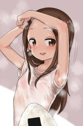 Rule 34 | 1girl, :d, absurdres, armpit onigiri, armpits, arms up, blush, bra, bra visible through clothes, breasts, brown eyes, brown hair, child, commentary, female focus, food, food on body, forehead, highres, karakai jouzu no takagi-san, long hair, looking at viewer, note2000, onigiri, open mouth, parted bangs, red bra, rice, shirt, short sleeves, small breasts, smile, solo, sweat, takagi-san, teeth, underwear, upper body, upper teeth only, white shirt