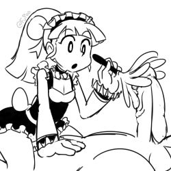 Rule 34 | 1girl, android, bow, disembodied penis, dress, duster, eyebrows, feather duster, fupoo, headdress, long hair, maid, maid headdress, mega man (classic), mega man (series), monochrome, open mouth, penis, ponytail, robot, roll (mega man), sitting, testicles, uncensored