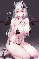 Rule 34 | 1girl, absurdres, arknights, bikini, black bikini, black footwear, black nails, breasts, cleavage, cross, cross necklace, demon horns, flying sweatdrops, grey hair, hand on own chest, high heels, highres, horns, jewelry, kneeling, large breasts, leria v, looking at viewer, material growth, micro bikini, mudrock (arknights), nail polish, necklace, oripathy lesion (arknights), purple background, red eyes, simple background, solo, swimsuit, thighs, wings