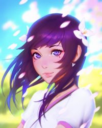 Rule 34 | 1girl, black hair, blue eyes, blurry, blurry background, close-up, day, facial mark, flower, hair flower, hair ornament, highres, ilya kuvshinov, lips, long hair, looking at viewer, outdoors, petals, smile, solo, wins