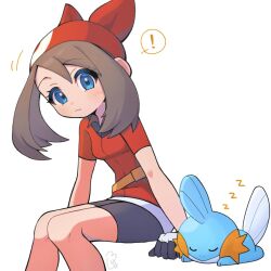 Rule 34 | !, 1girl, bandana, bike shorts, black shorts, blue eyes, brown hair, creatures (company), fanny pack, game freak, gen 3 pokemon, gloves, highres, looking at another, may (pokemon), mudkip, multicolored clothes, multicolored gloves, nintendo, noi (noi pk27), pokemon, pokemon (creature), pokemon rse, red bandana, red shirt, shirt, shorts, signature, simple background, sleeping, white background, zzz