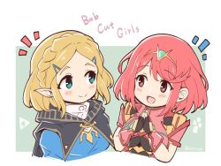 Rule 34 | 2girls, armor, blonde hair, blush, bob cut, braid, breasts, cape, covered navel, crown braid, earrings, fingerless gloves, gem, gloves, green eyes, hair ornament, hairclip, headpiece, jewelry, large breasts, mochimochi (xseynao), multiple girls, nintendo, pointy ears, princess zelda, pyra (xenoblade), red eyes, red hair, short hair, shorts, shoulder armor, smile, swept bangs, the legend of zelda, the legend of zelda: breath of the wild, the legend of zelda: tears of the kingdom, thick eyebrows, tiara, trait connection, xenoblade chronicles (series), xenoblade chronicles 2