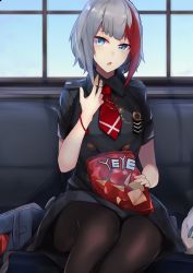 Rule 34 | 1girl, :o, absurdres, admiral graf spee (azur lane), admiral graf spee (girl&#039;s sunday) (azur lane), azur lane, bag, bag of chips, black pantyhose, blue eyes, blue sky, bugles, bugles (food), bugles on fingers, commentary request, day, food, food on hand, grey hair, highres, indoors, looking at viewer, military, military uniform, multicolored hair, nanakaku, necktie, pantyhose, red hair, short hair, sitting, sky, solo, streaked hair, uniform, window