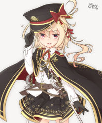 Rule 34 | 1girl, :3, :d, arm up, black cape, black gloves, black hat, black skirt, blonde hair, blush, cape, cherry blossom print, collared shirt, commentary request, coreytaiyo, dated, doyagao, dress shirt, fang, flandre scarlet, floral print, gloves, gold trim, grey background, hair between eyes, hair ribbon, hand on headwear, hat, highres, long hair, long sleeves, military, military hat, military uniform, one side up, open mouth, peaked cap, pleated skirt, print skirt, rapier, red eyes, red ribbon, ribbon, shirt, signature, skirt, smile, smug, solo, sparkle, sword, touhou, uniform, v-shaped eyebrows, weapon, white shirt