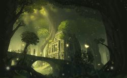 Rule 34 | 1girl, animal ears, bridge, bug, building, butterfly, doora (dora0913), dress, fantasy, forest, glowing, glowing butterfly, green theme, highres, bug, light particles, nature, original, overgrown, revision, ruins, scenery, silhouette, solo, staff, stairs, sunlight, tree, yellow theme